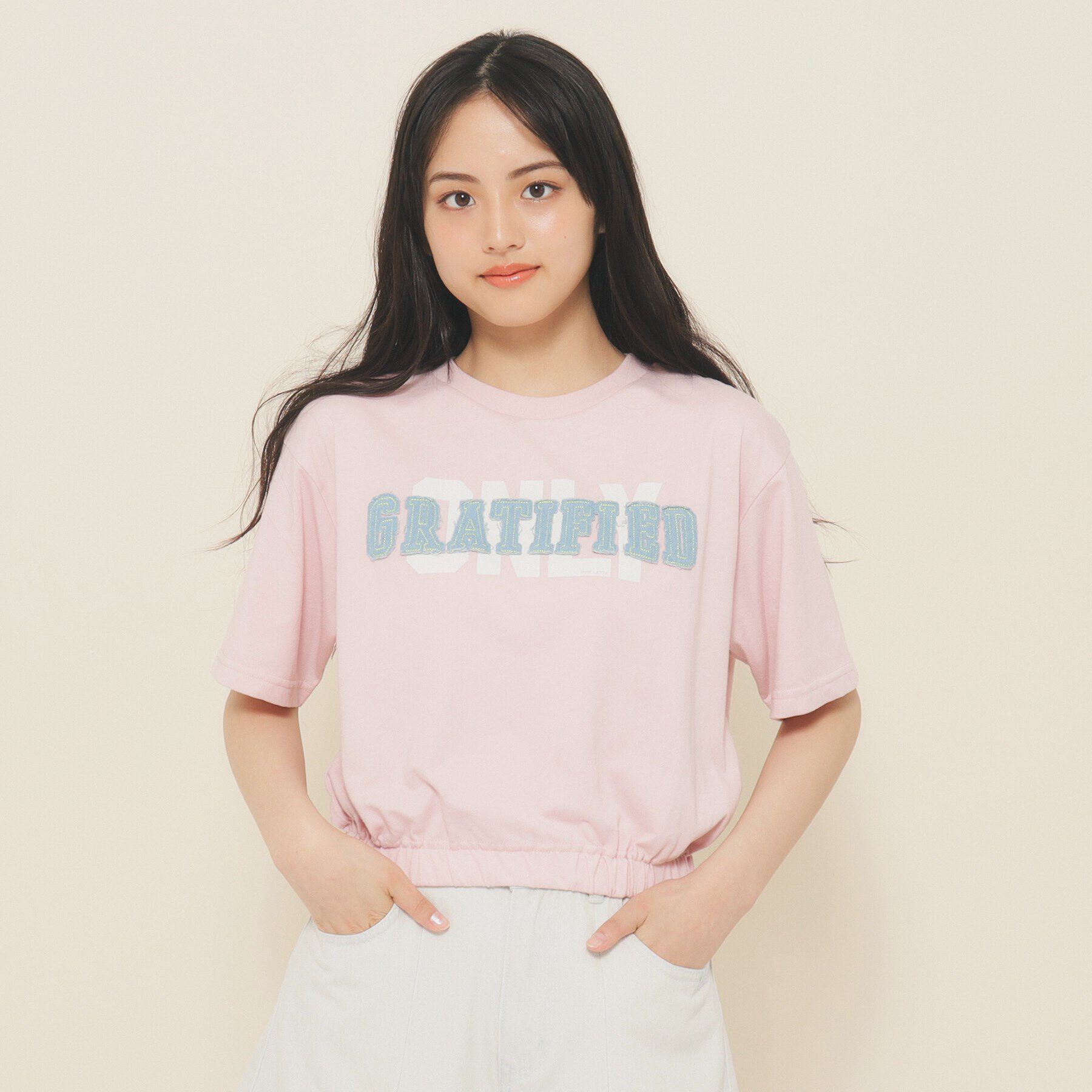 PINK-latte「【130cmあり】バルーンデニムロゴTシャツ」|Tシャツ・カットソー|