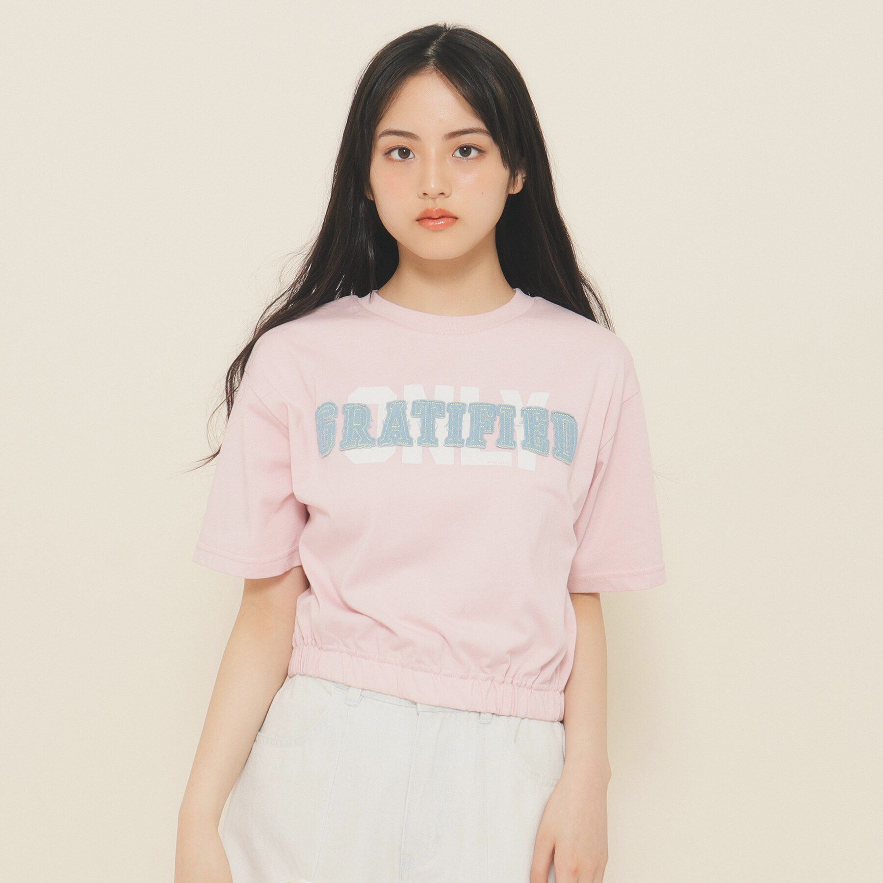 PINK-latte「【130cmあり】バルーンデニムロゴTシャツ」|Tシャツ・カットソー|ﾋﾟﾝｸ(072)