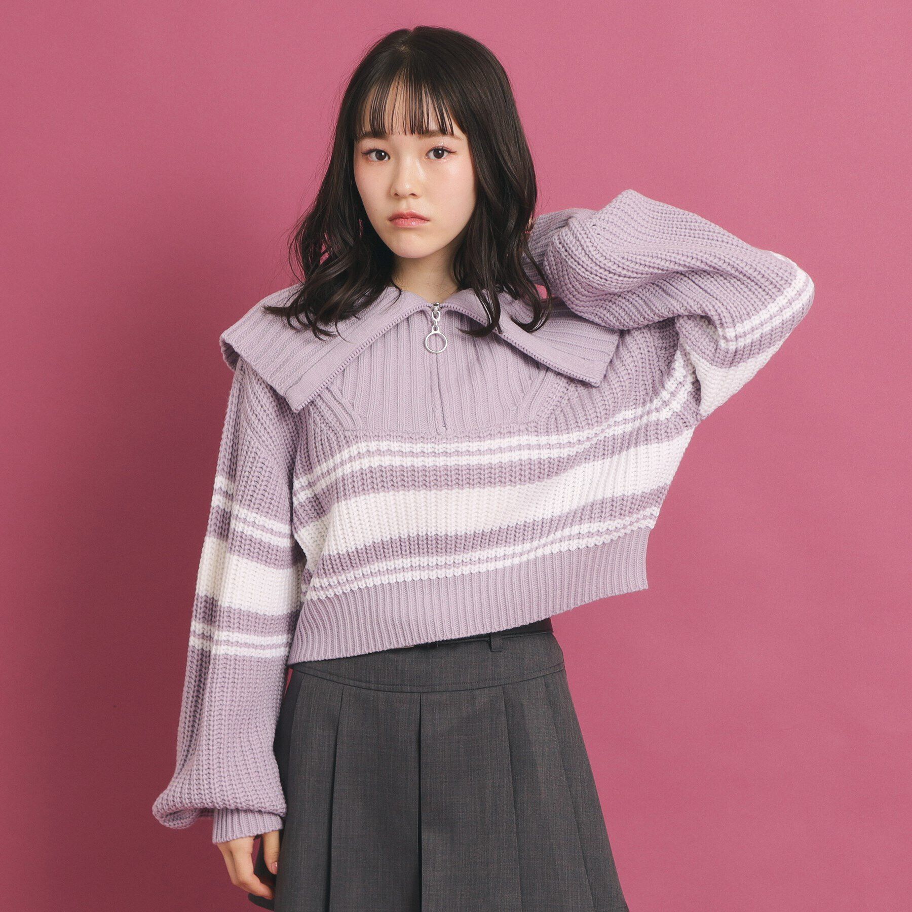 PINK-latte「ハーフジップ ニットプルオーバー」|ニット・セーター|ﾊﾟｰﾌﾟﾙ(181)