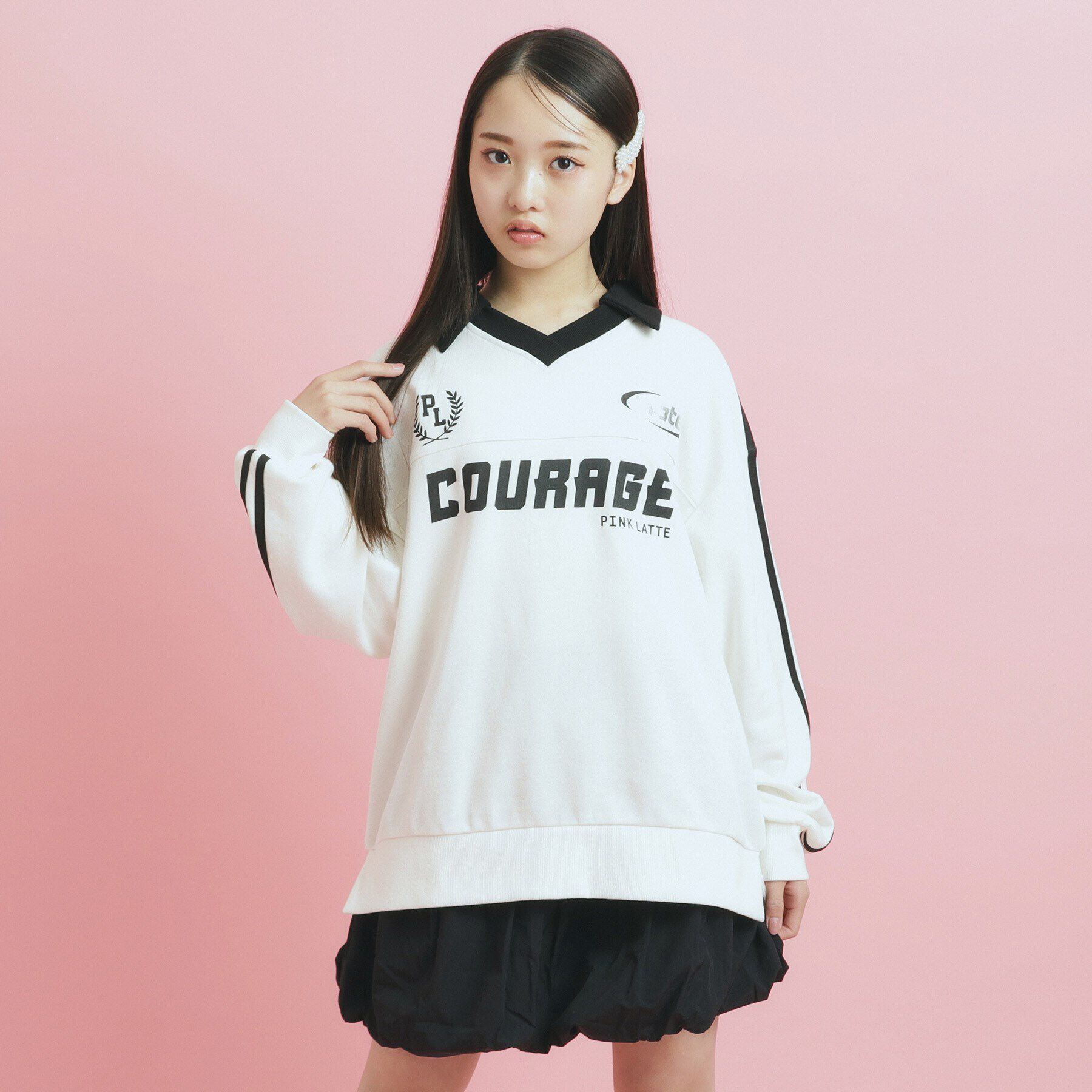 PINK-latte「トレンドVネックゲームシャツ」|Tシャツ・カットソー|オフホワイト(003