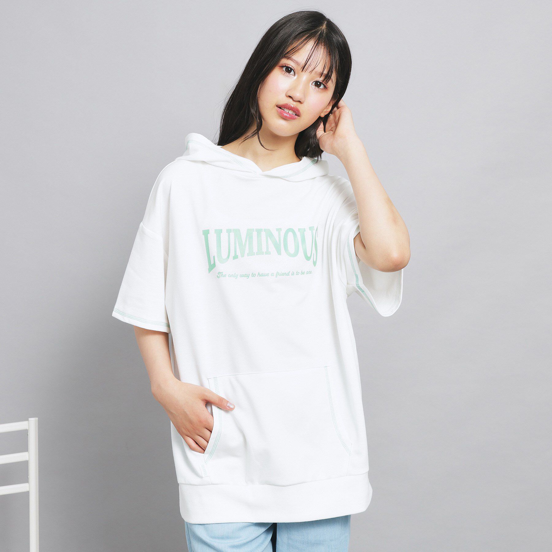 PINK-latte「配色ステッチパーカチュニック」|パーカー|