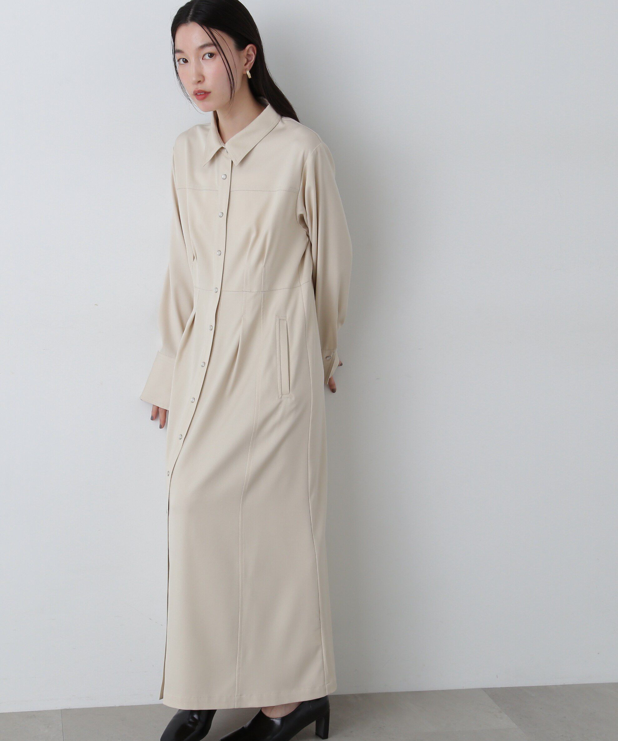  「デニムライクロングシャツワンピース」|ワンピース|