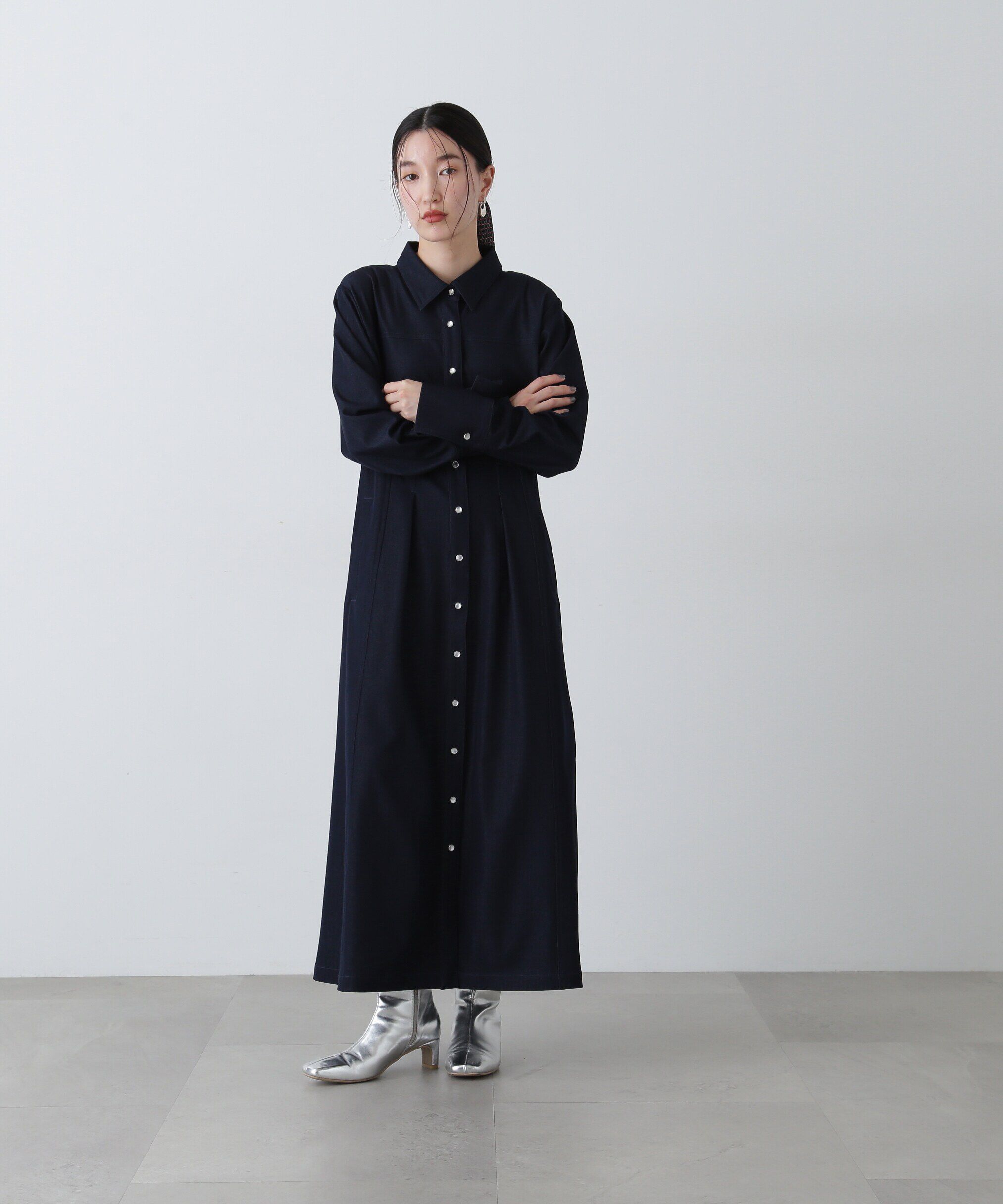  「デニムライクロングシャツワンピース」|ワンピース|