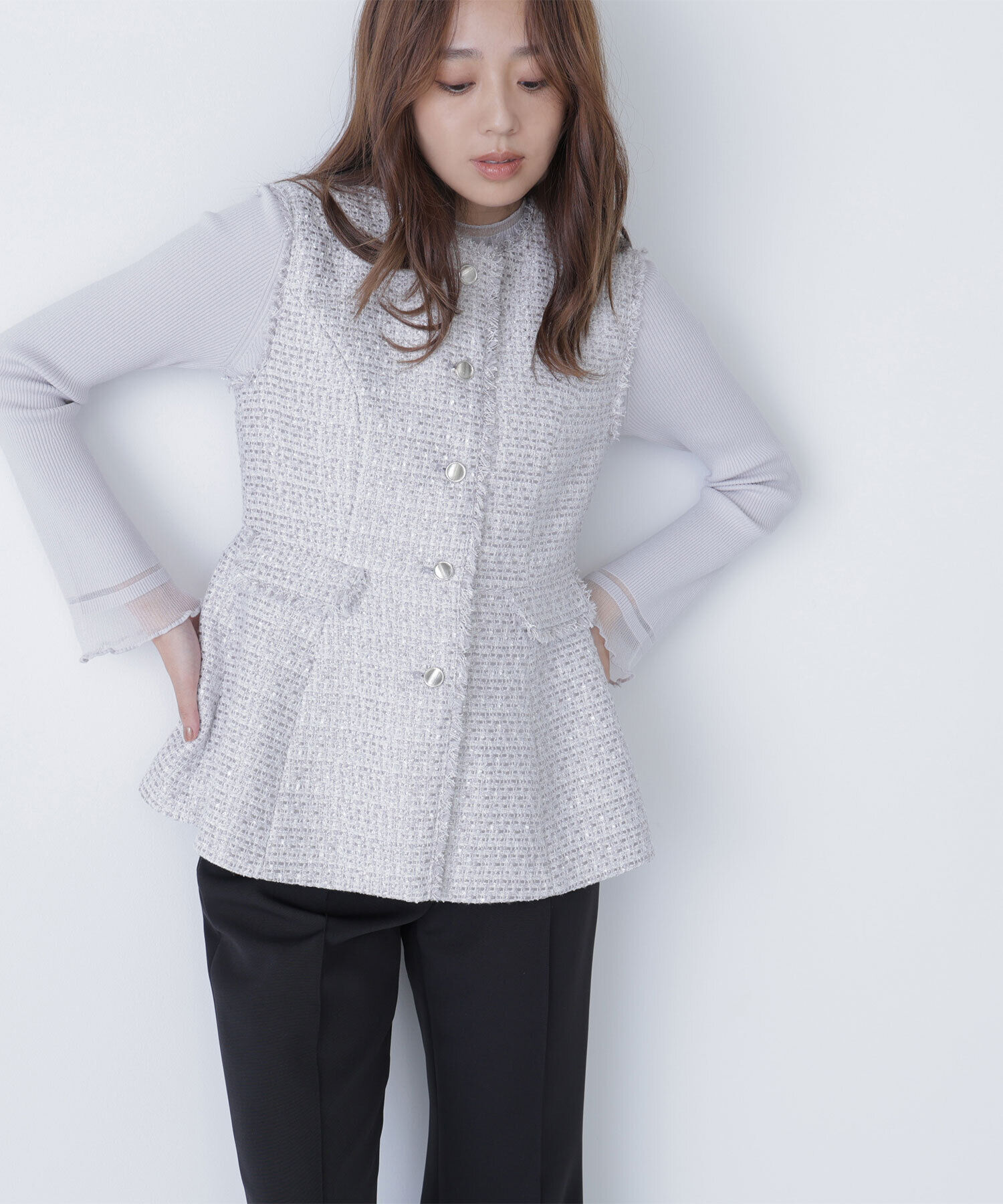  「ツイードペプラムジレ」|ブルゾン・スタジャン|グレー系2