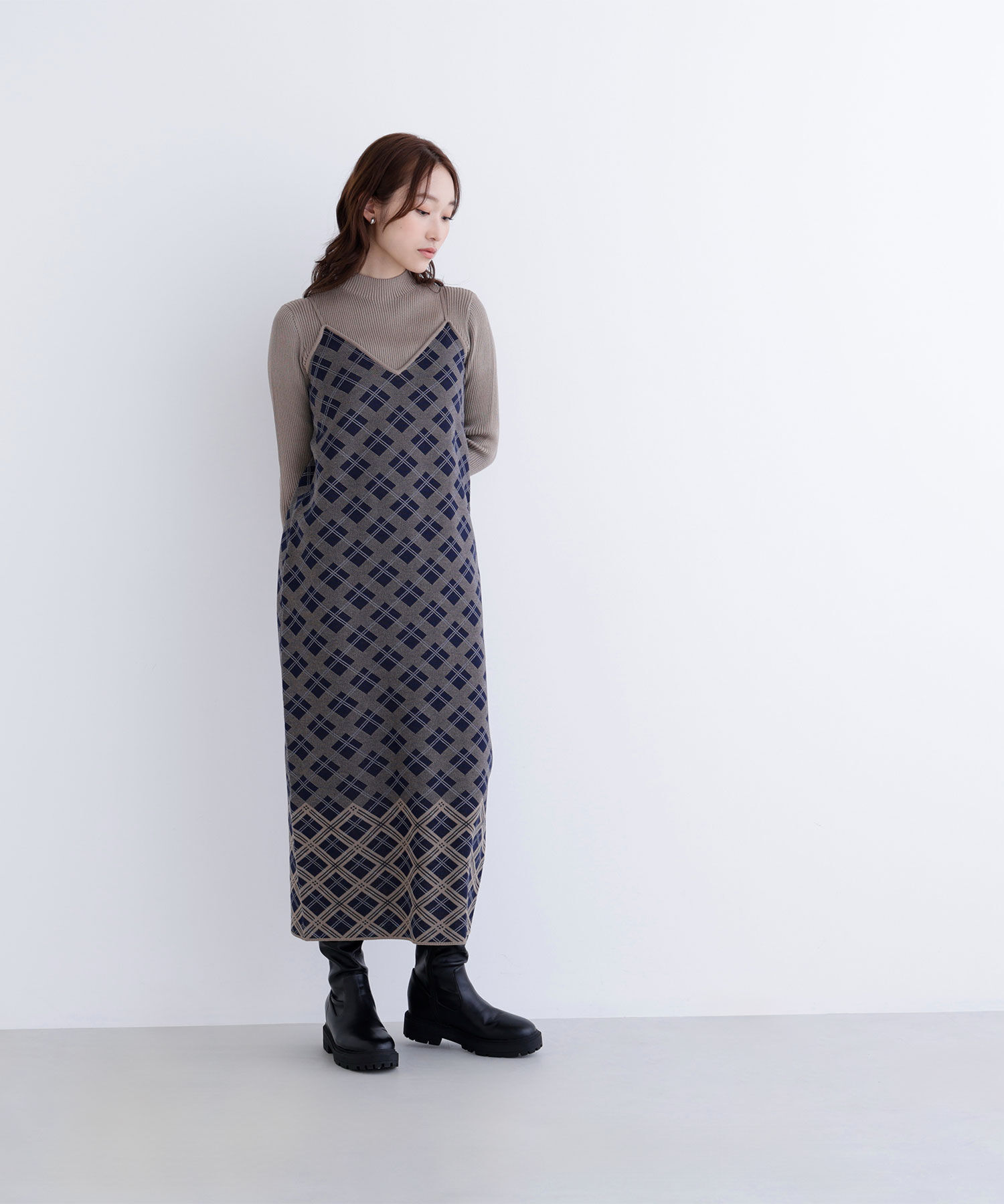  「チェックニットキャミワンピースセット」|ワンピース|