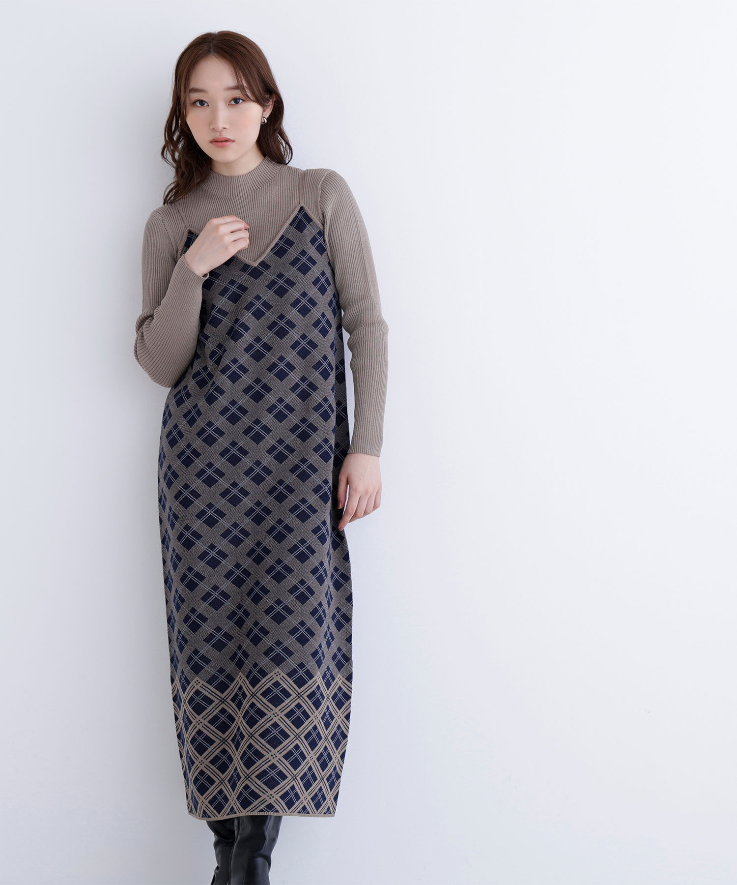  「チェックニットキャミワンピースセット」|ワンピース|