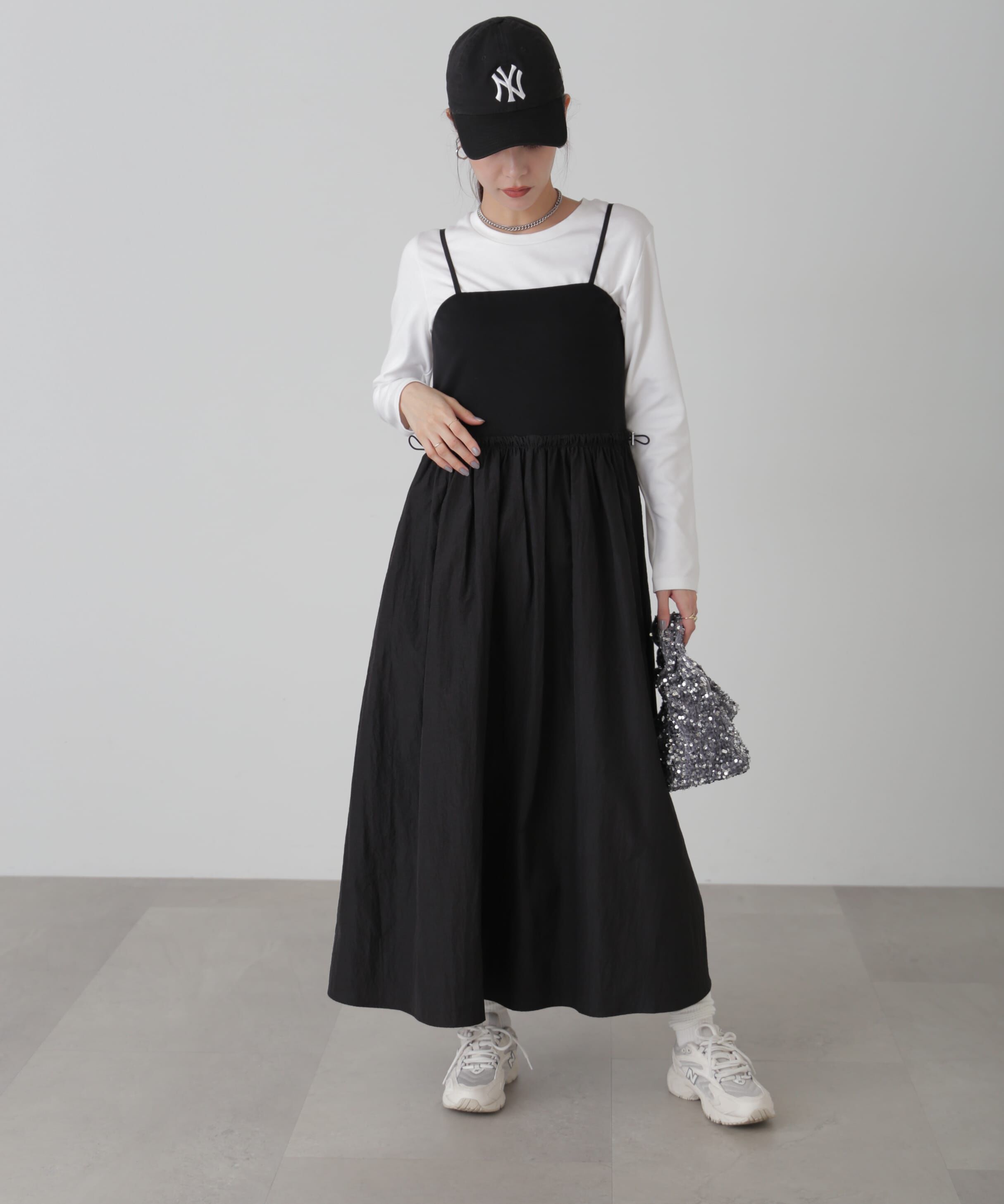  「異素材ドッキングキャミワンピース」|ワンピース|ブラック