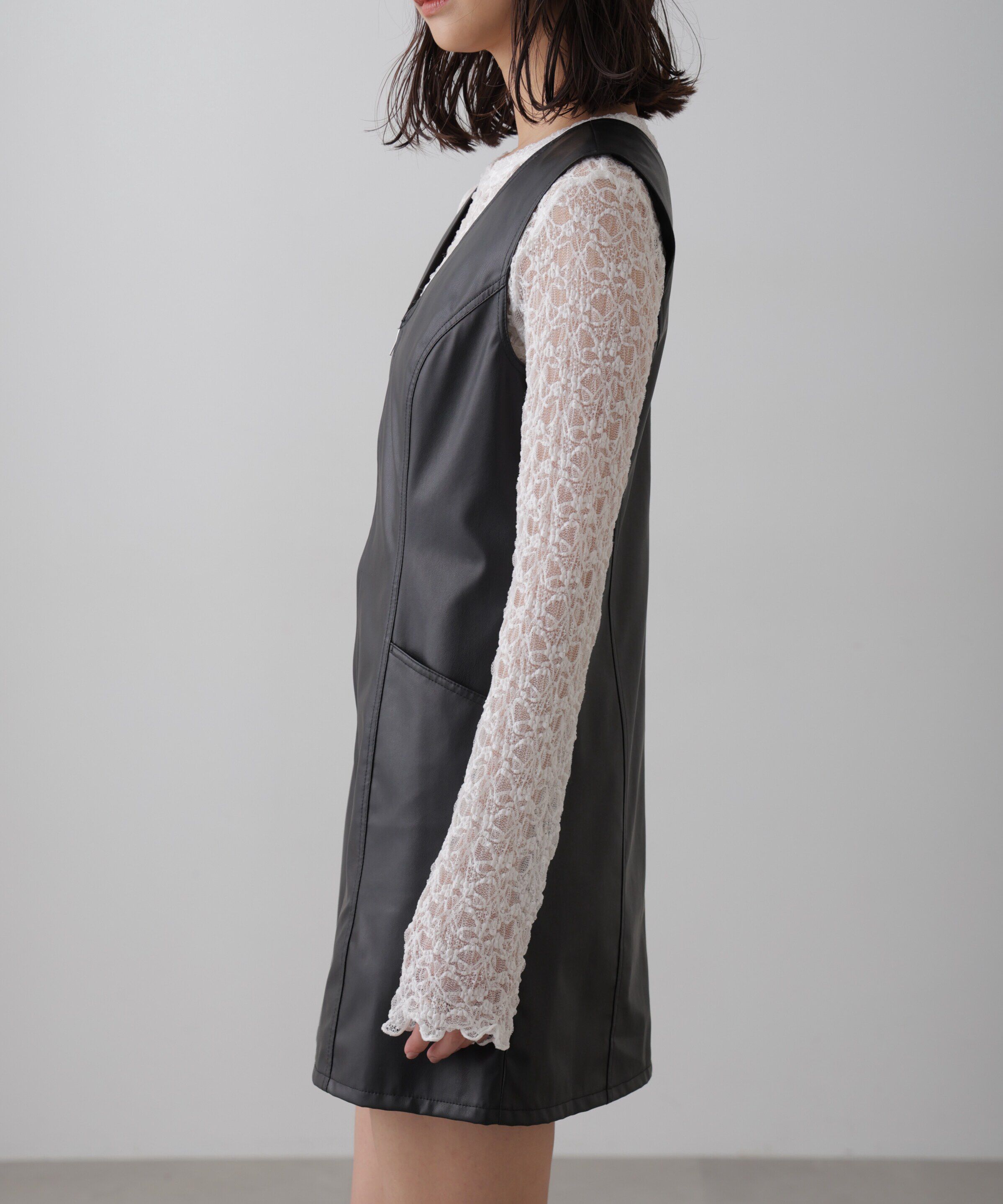  「フロントジップ合皮ミニジャンスカ」|ワンピース|