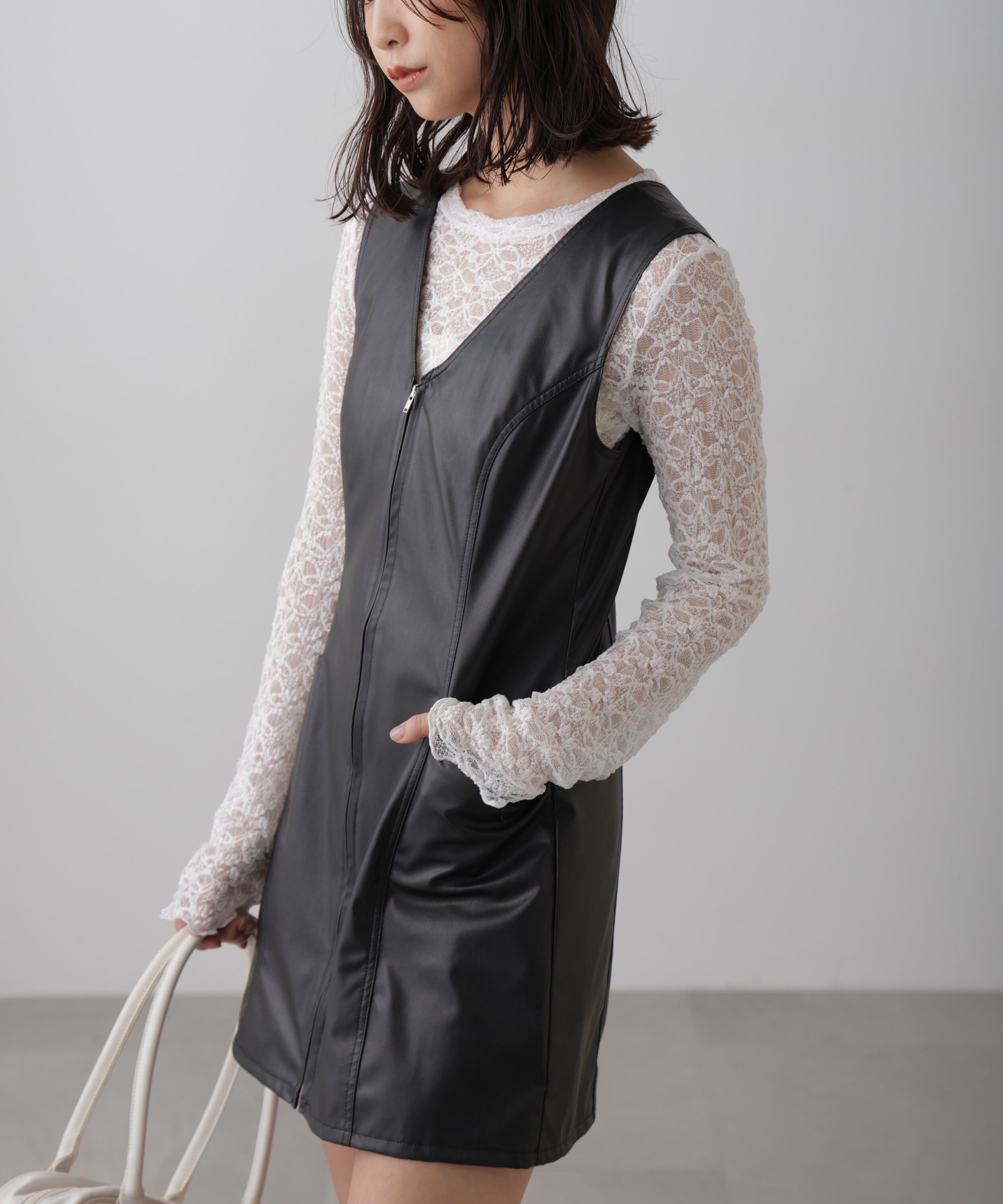  「フロントジップ合皮ミニジャンスカ」|ワンピース|