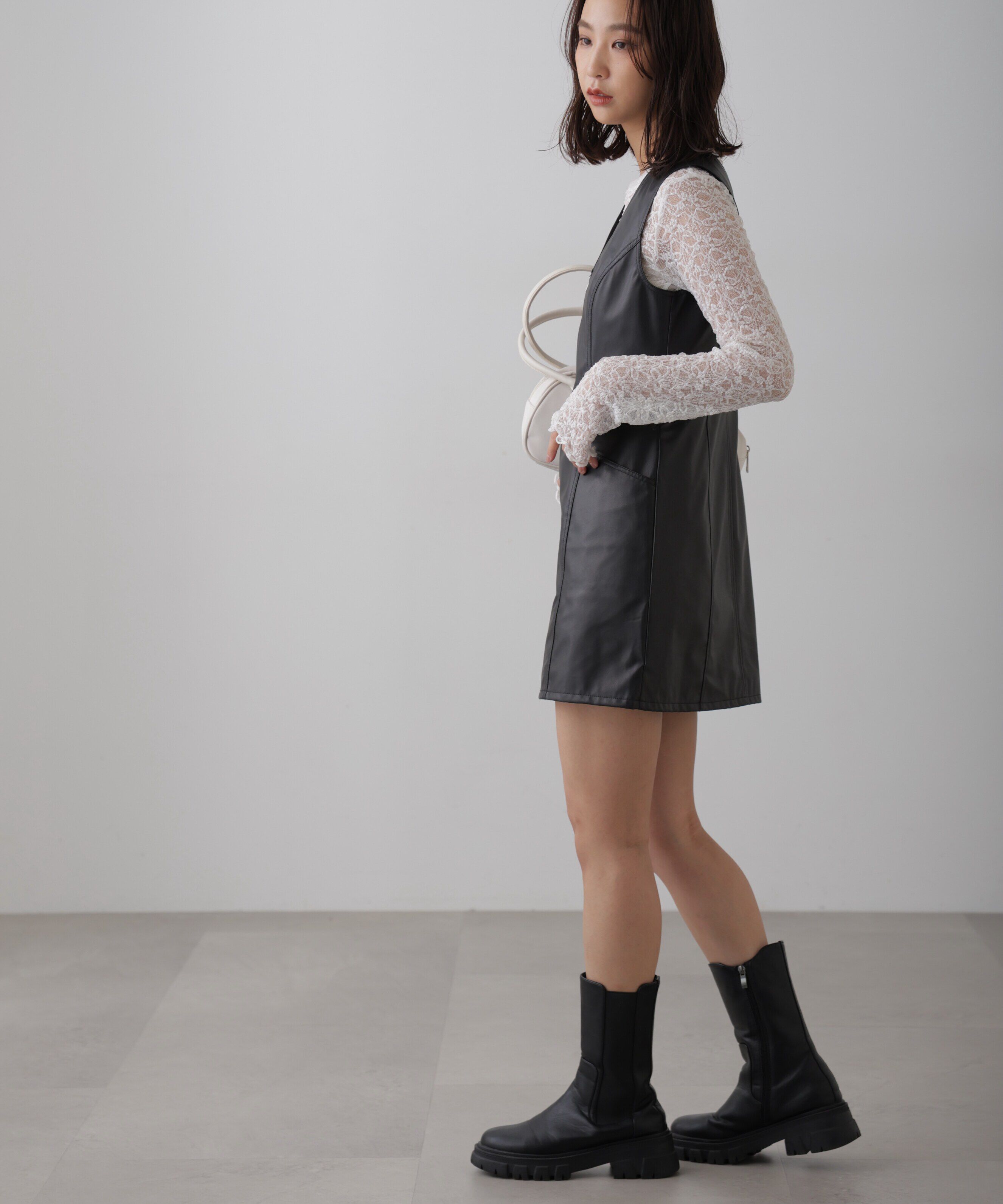  「フロントジップ合皮ミニジャンスカ」|ワンピース|