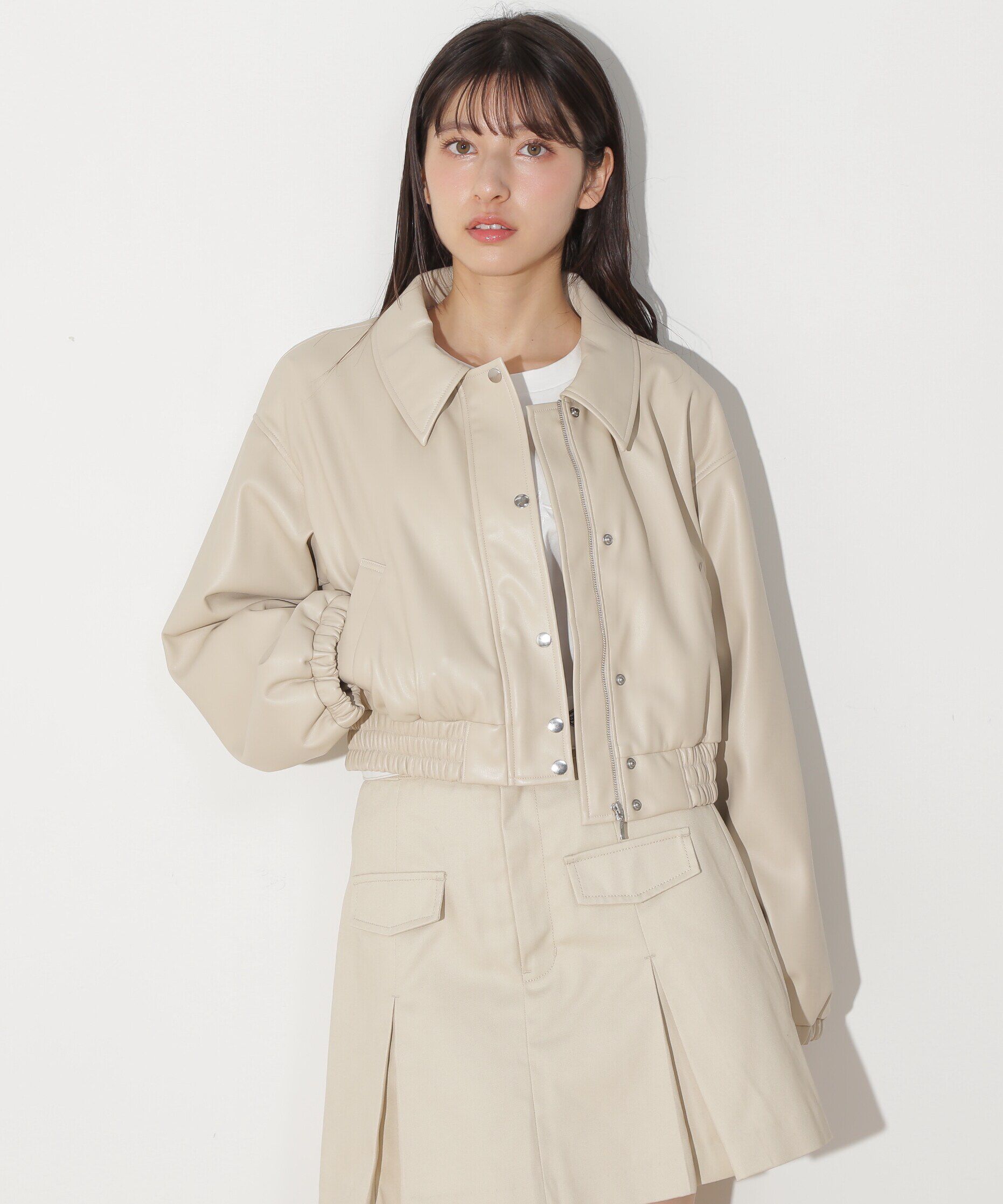  「フェイクレザーショートブルゾン」|その他|ベージュ