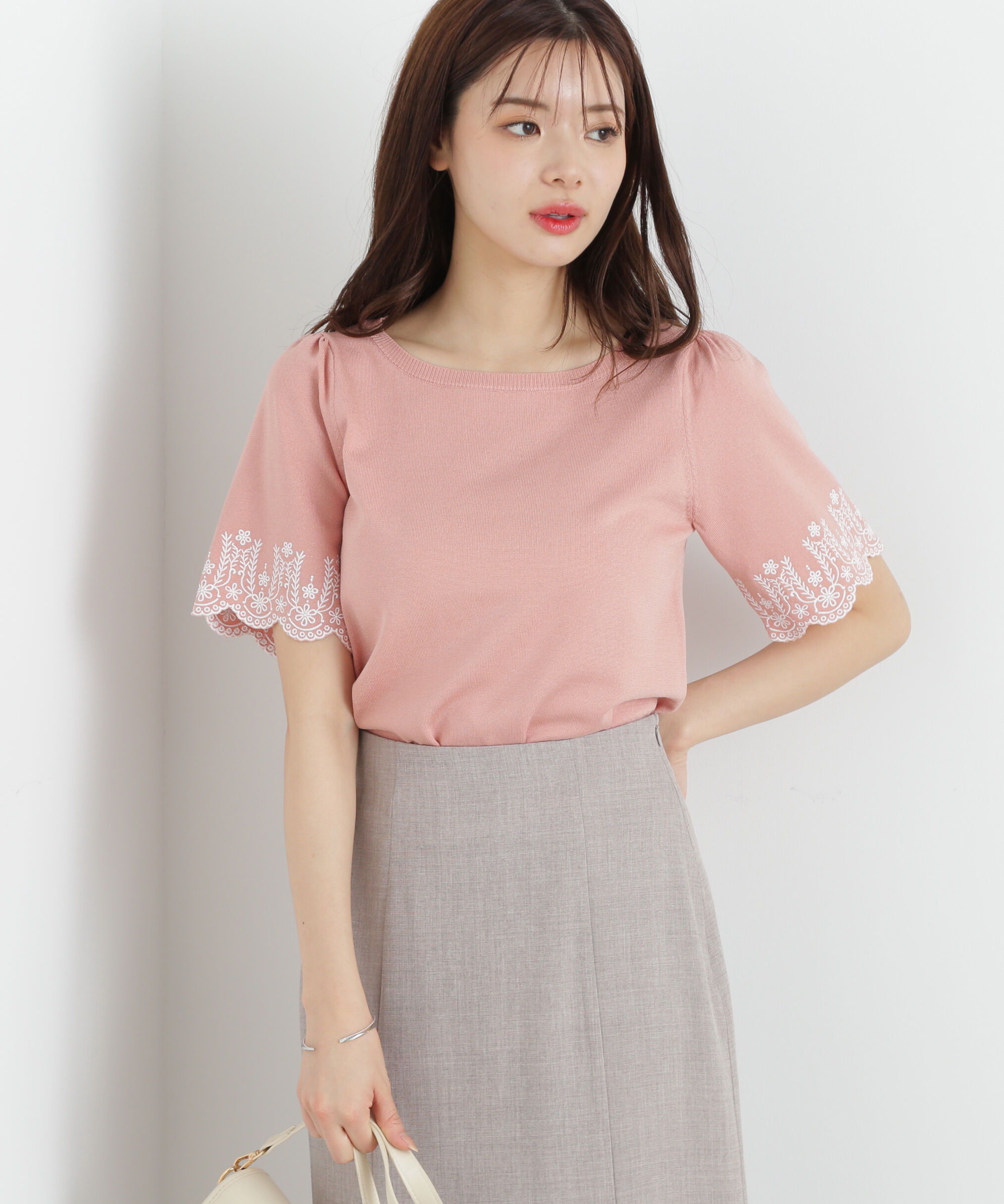 PROPORTION BODY DRESSING「エンブロイダリーフレアスリーブニット」|ニット・セーター|ピンク&times;エクリ