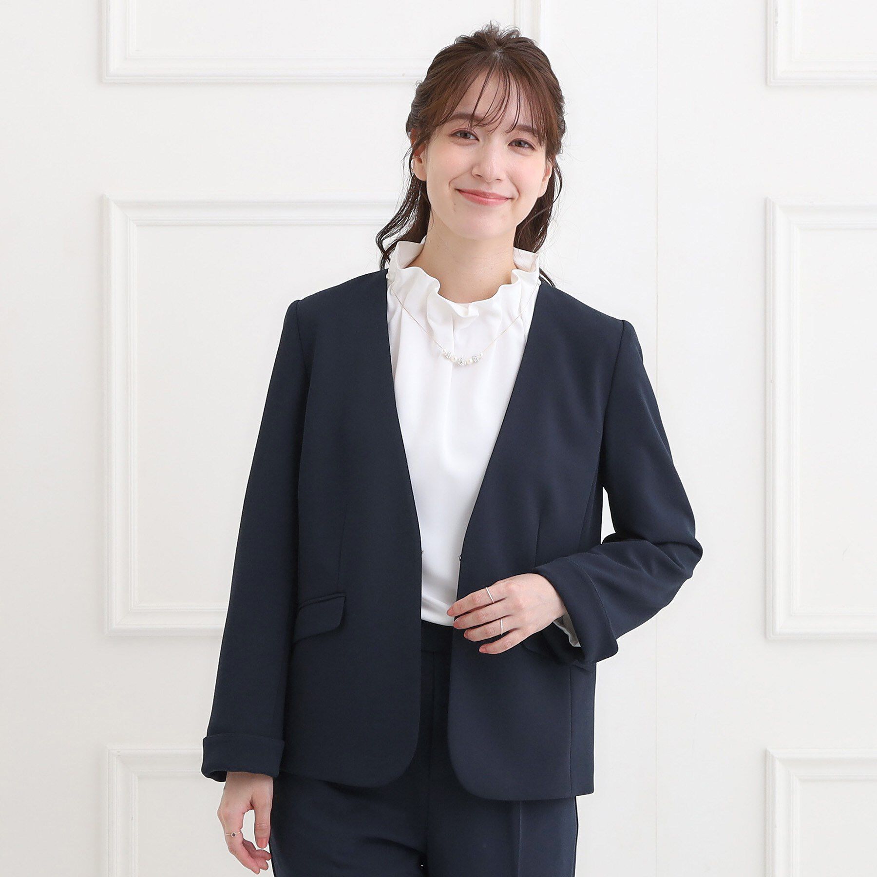 SHOO･LA･RUE「【洗濯機可/イージーケア/ストレッチ】きちんと楽に。カットジョーゼットジャケット」|ノーカラージャケット|