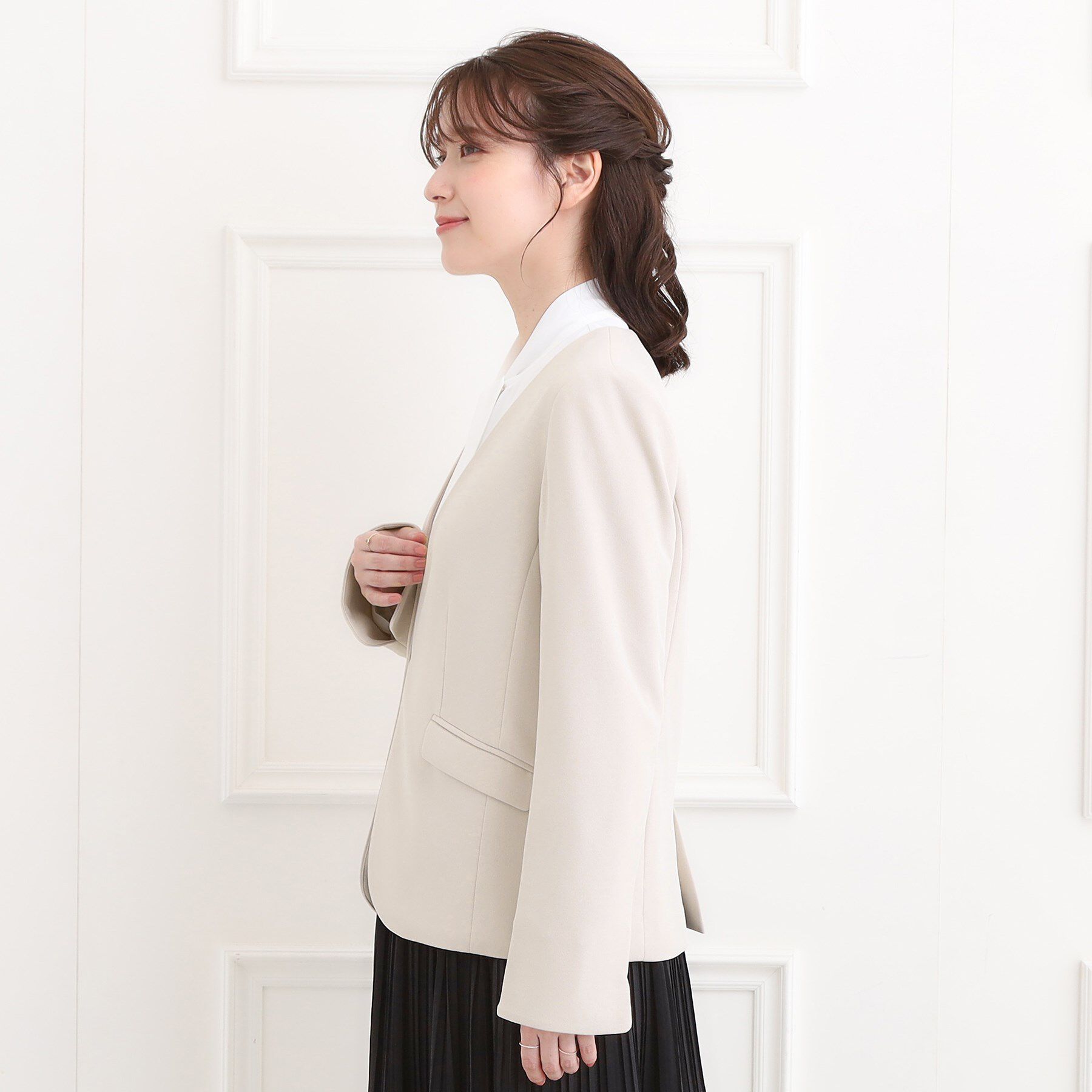 SHOO･LA･RUE「【洗濯機可/イージーケア/ストレッチ】きちんと楽に。カットジョーゼットジャケット」|ノーカラージャケット|