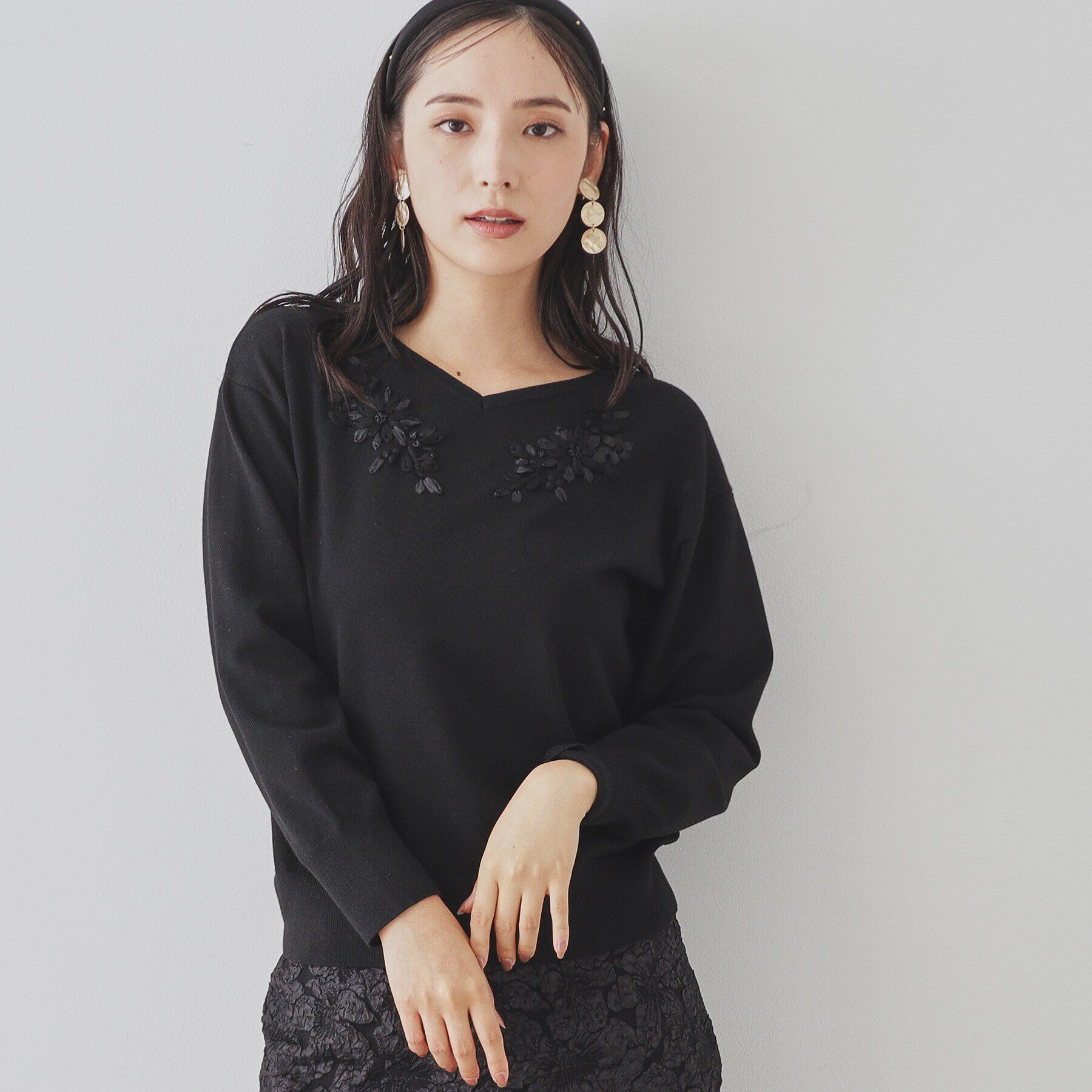 SunaUna「【SS～Lサイズ展開／リボン刺繍】クラフトニット」|ニット・セーター|ﾌﾞﾗｯｸ(019)