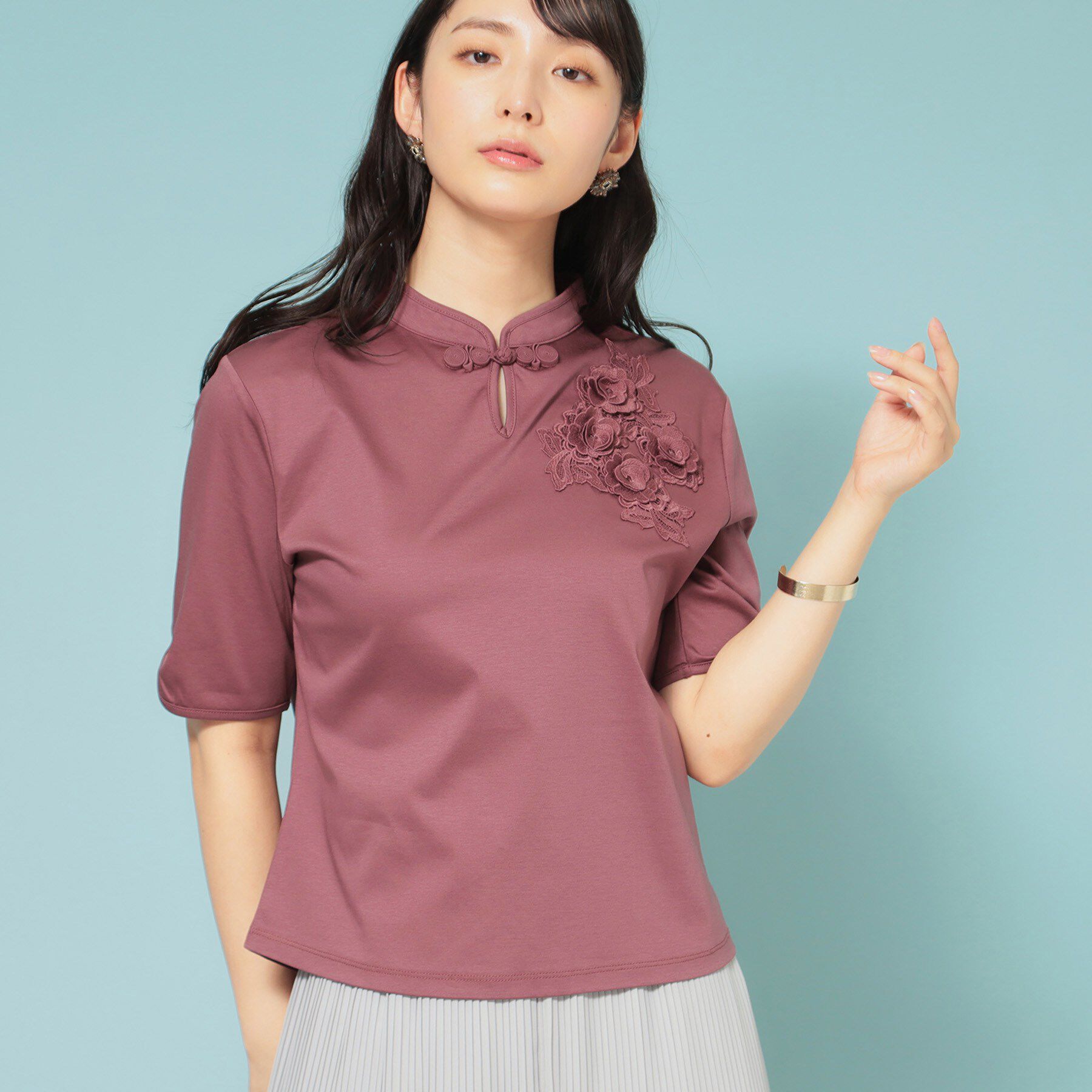 SunaUna「【5分袖／チャイナカラー】半袖プルオーバー」|Tシャツ・カットソー|