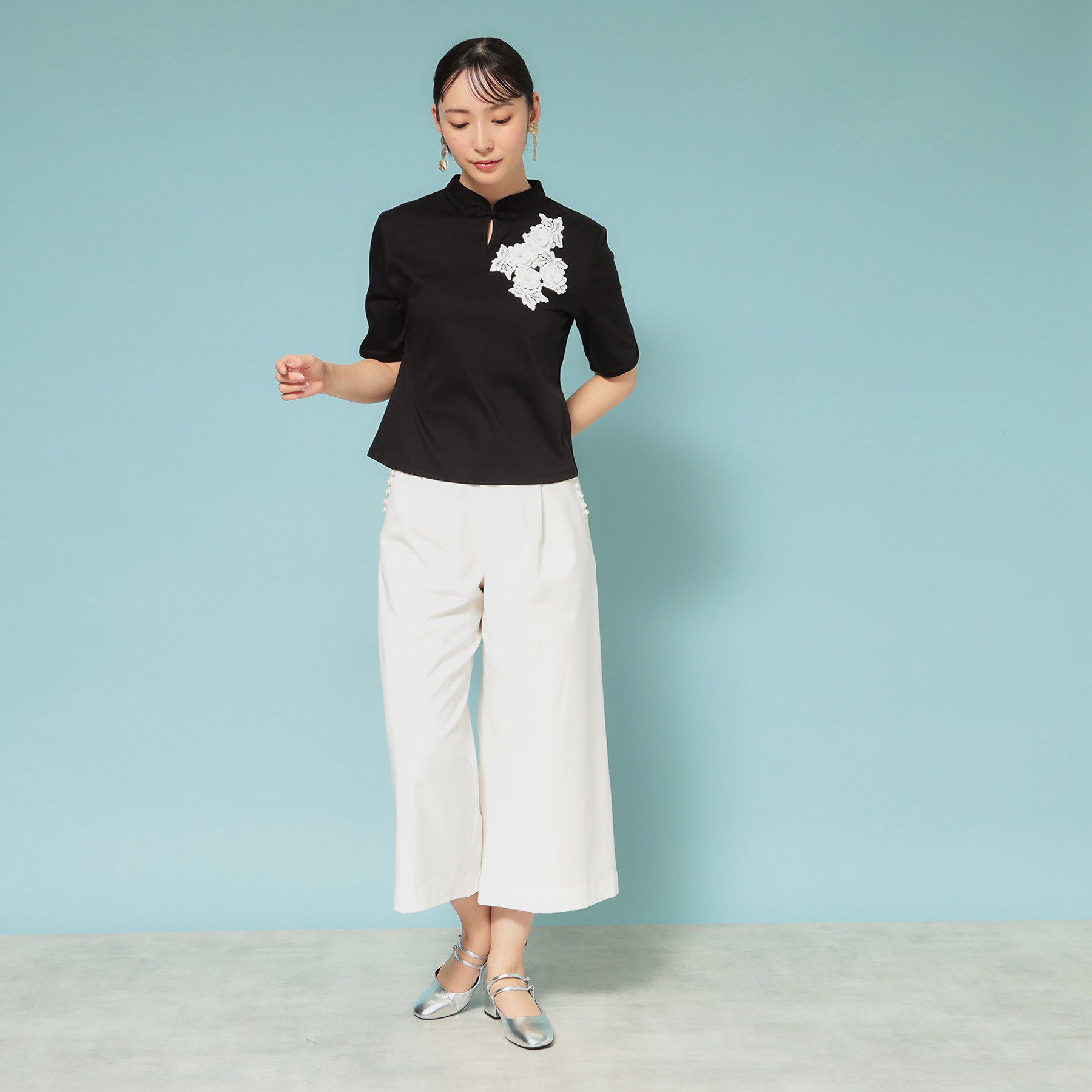 SunaUna「【5分袖／チャイナカラー】半袖プルオーバー」|Tシャツ・カットソー|