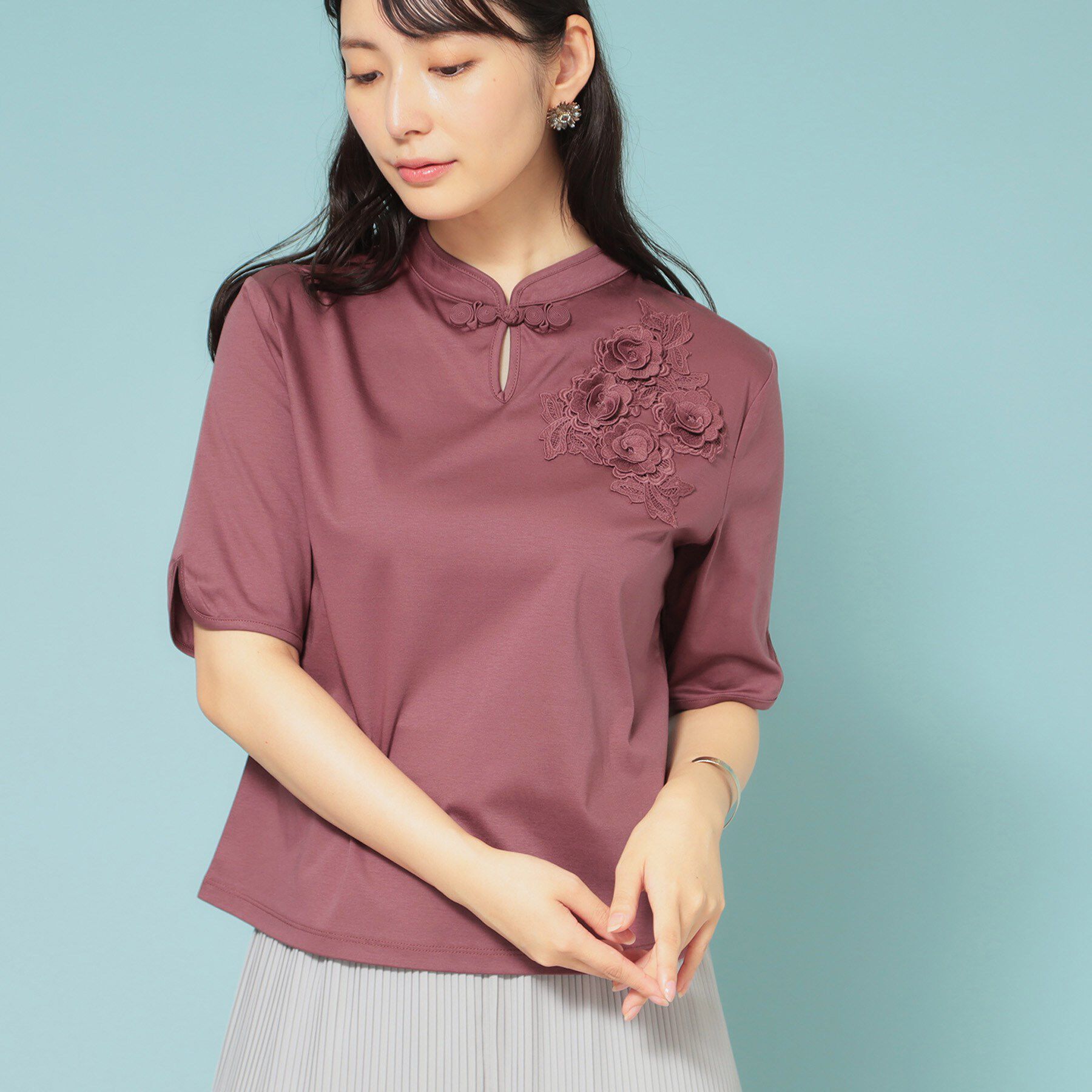 SunaUna「【5分袖／チャイナカラー】半袖プルオーバー」|Tシャツ・カットソー|ローズ(074)