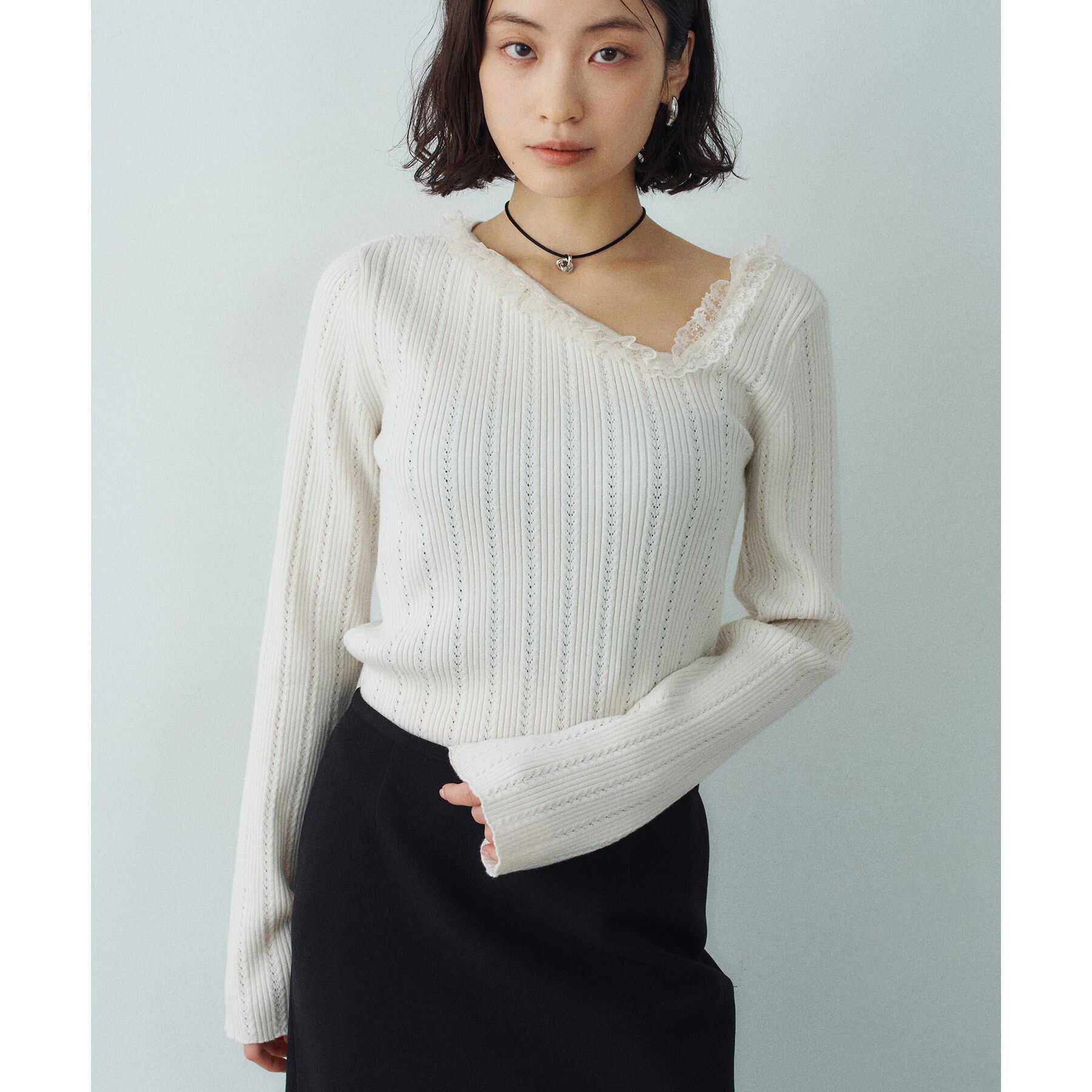 CODE A「lace frill asymmetric knit」|ニット・セーター|オフホワイト(003