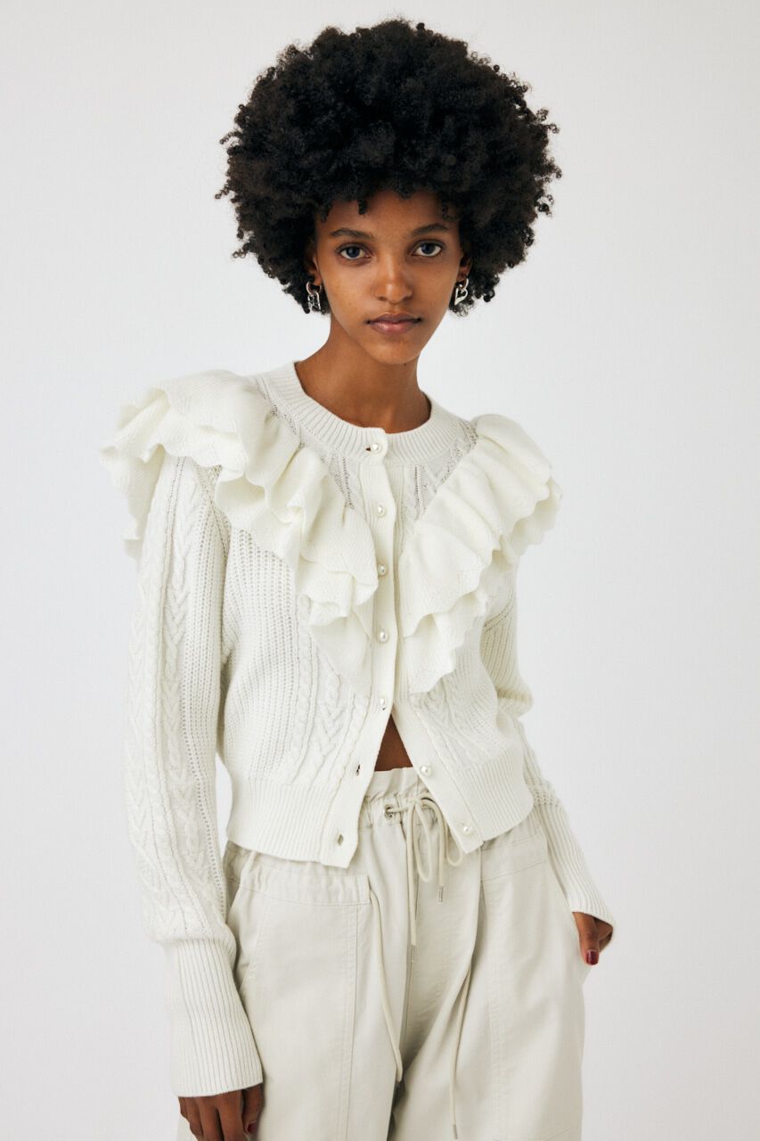 MOUSSY「F／PEARL BUTTON STAND FRILL カーディガン」|ニット・セーター|