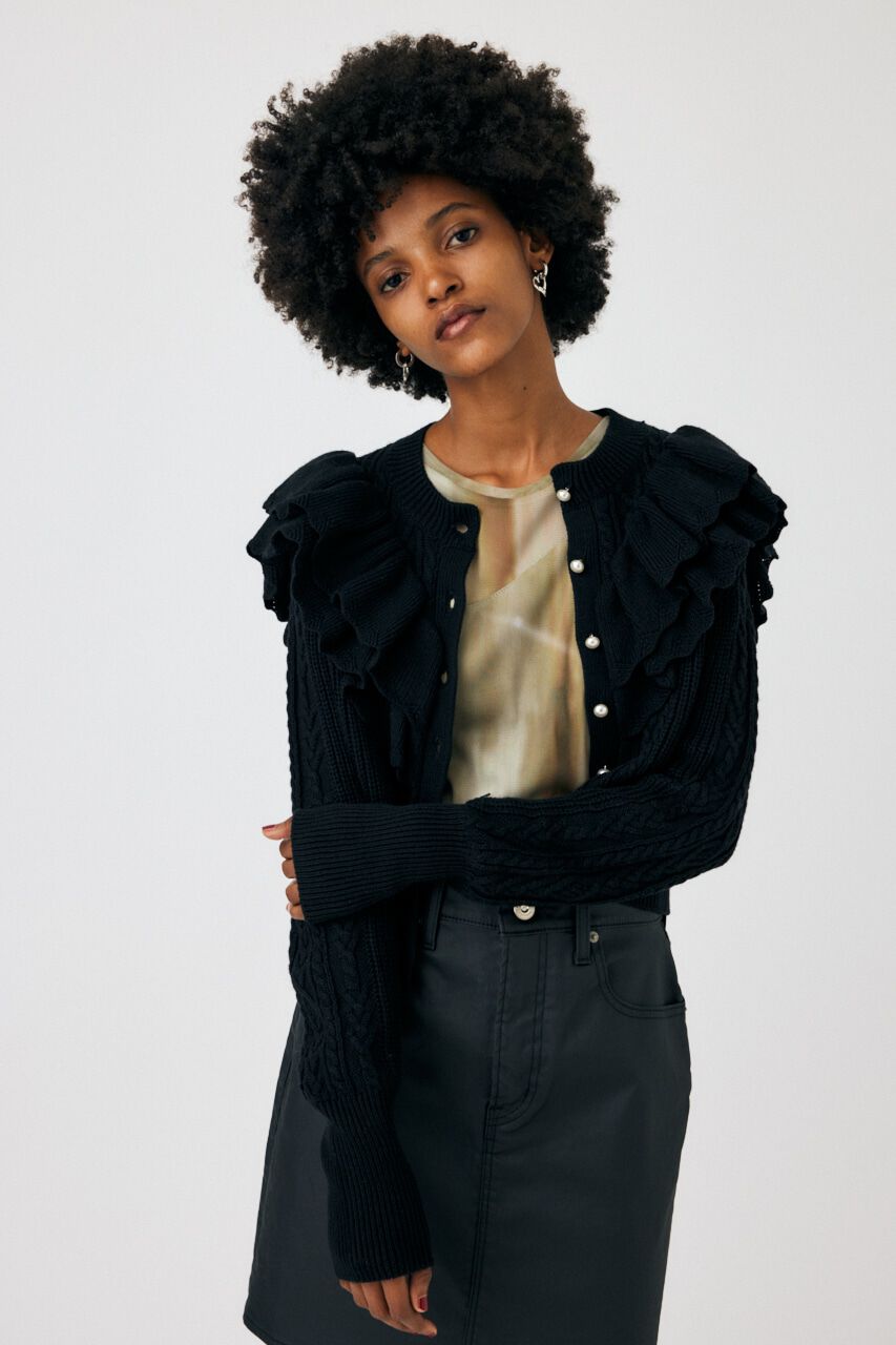 MOUSSY「F／PEARL BUTTON STAND FRILL カーディガン」|ニット・セーター|