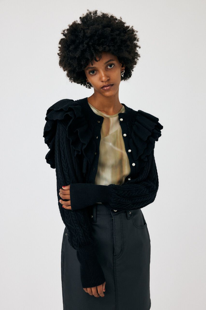 MOUSSY「F／PEARL BUTTON STAND FRILL カーディガン」|ニット・セーター|