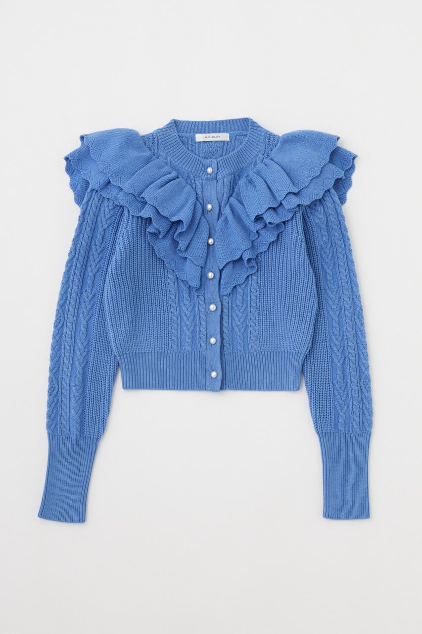 MOUSSY「F／PEARL BUTTON STAND FRILL カーディガン」|ニット・セーター|