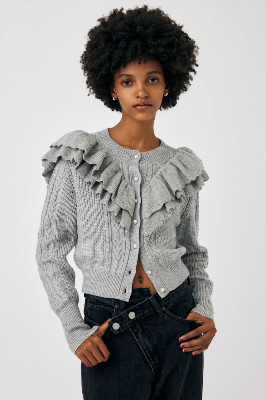MOUSSY「F／PEARL BUTTON STAND FRILL カーディガン」|ニット・セーター|GRY