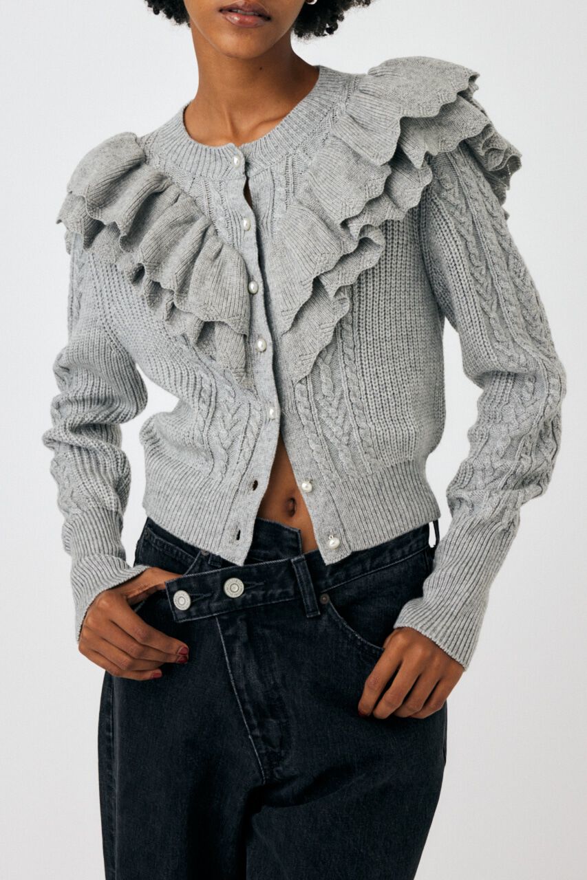 MOUSSY「F／PEARL BUTTON STAND FRILL カーディガン」|ニット・セーター|