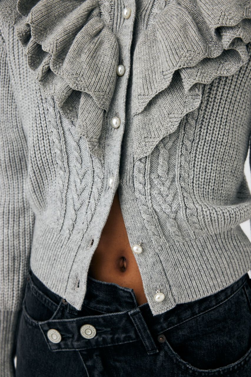 MOUSSY「F／PEARL BUTTON STAND FRILL カーディガン」|ニット・セーター|