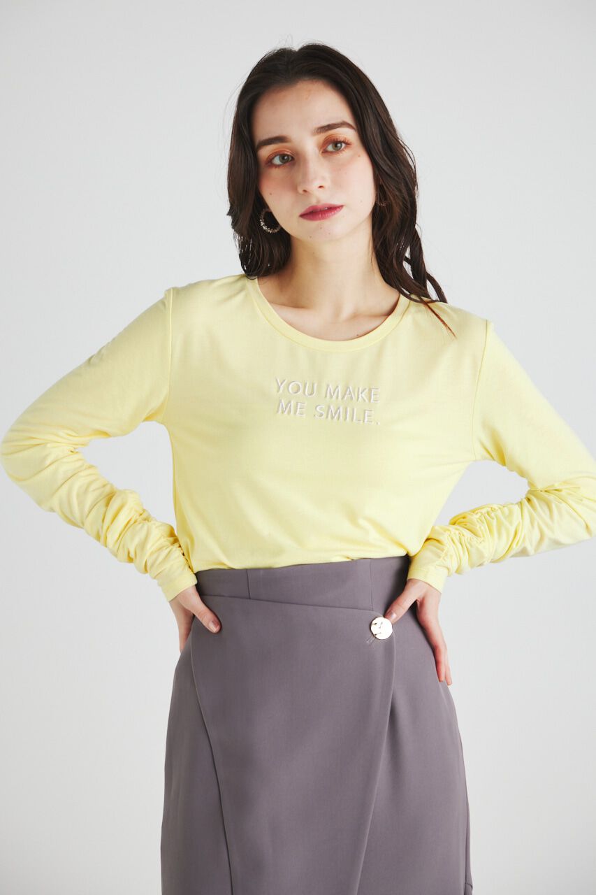 rienda「ギャザースリーブロゴロンT」|Tシャツ・カットソー|L/YEL1