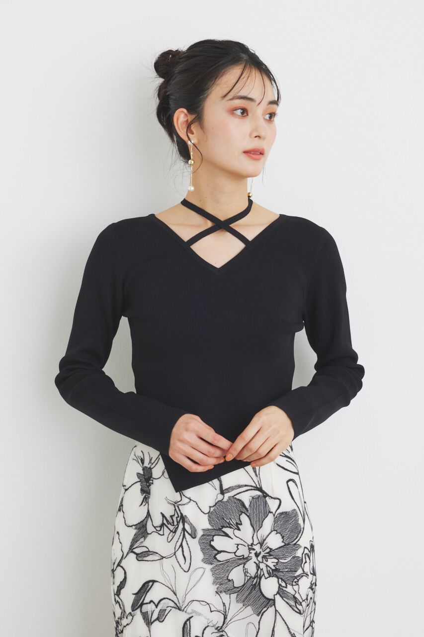 rienda「アシンメトリーストリングKnit TOP」|ニット・セーター|BLK