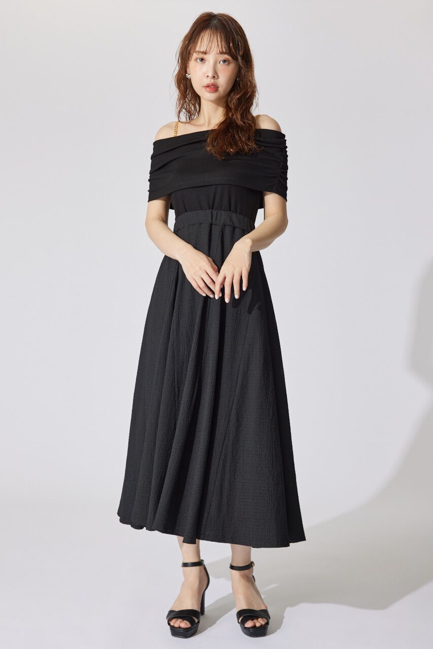 rienda「オフショルカットフレアワンピース」|ワンピース|BLK