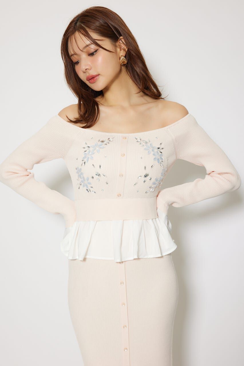 rienda「2WAYビジューフラワーオフショルタイトニットワンピース」|ワンピース|