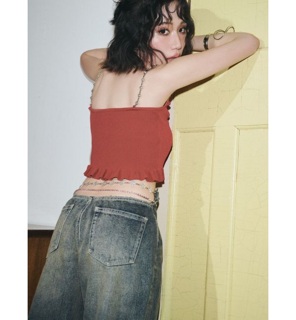 EVRIS「ウエストビジューワイドデニムパンツ」|デニム|