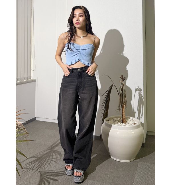 EVRIS「ウエストビジューワイドデニムパンツ」|デニム|