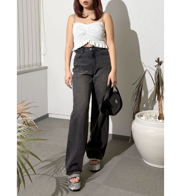 EVRIS「ウエストビジューワイドデニムパンツ」|デニム|