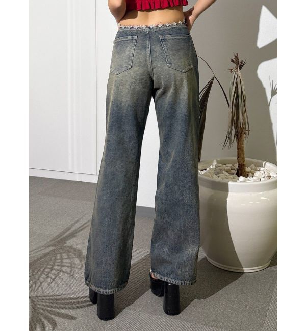 EVRIS「ウエストビジューワイドデニムパンツ」|デニム|