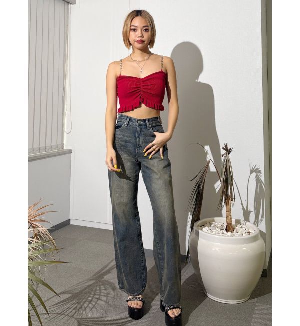 EVRIS「ウエストビジューワイドデニムパンツ」|デニム|