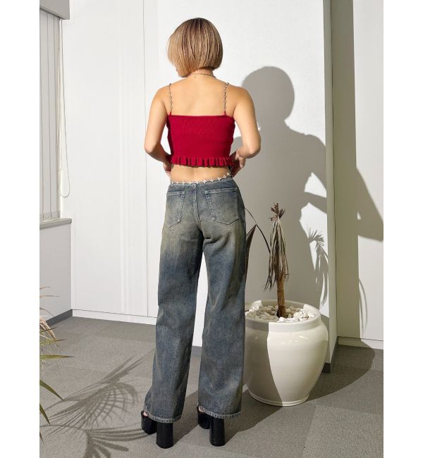 EVRIS「ウエストビジューワイドデニムパンツ」|デニム|