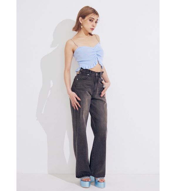 EVRIS「ウエストビジューワイドデニムパンツ」|デニム|