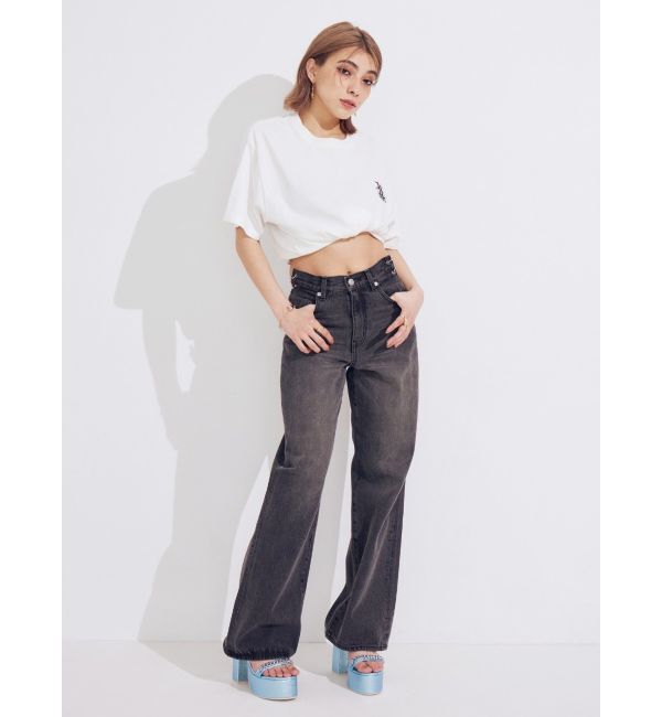 EVRIS「ウエストビジューワイドデニムパンツ」|デニム|