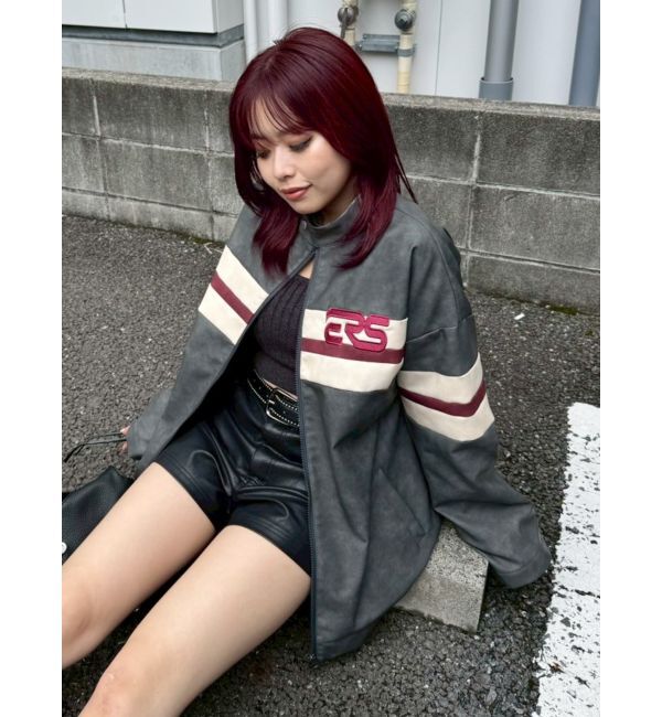 EVRIS「バイカーグラフィックオーバーサイズブルゾン」|ブルゾン・スタジャン|グレー