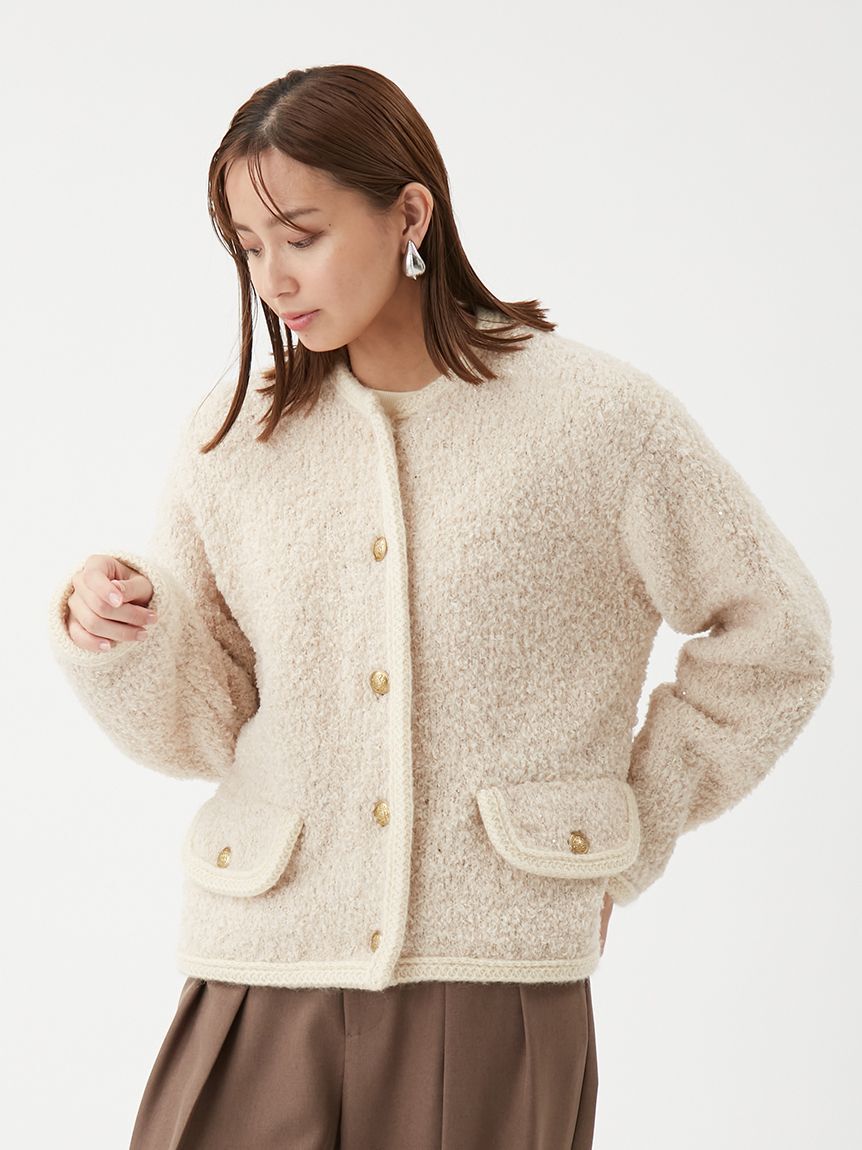 Mila Owen「金釦テディラメニットジャケット」|ノーカラージャケット|