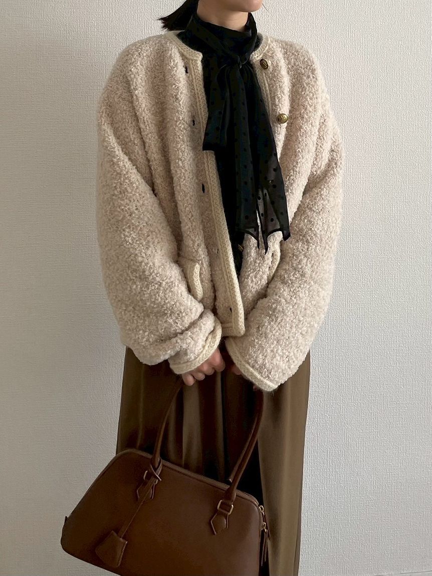 Mila Owen「金釦テディラメニットジャケット」|ノーカラージャケット|