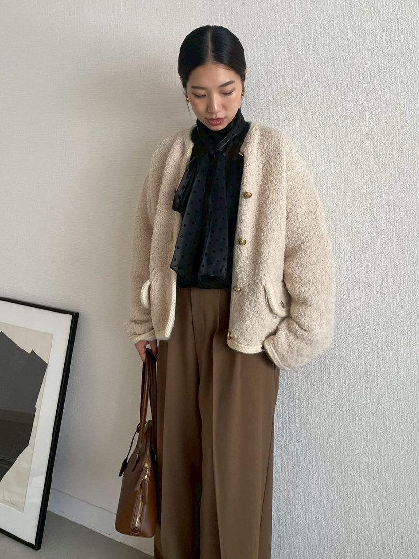 Mila Owen「金釦テディラメニットジャケット」|ノーカラージャケット|
