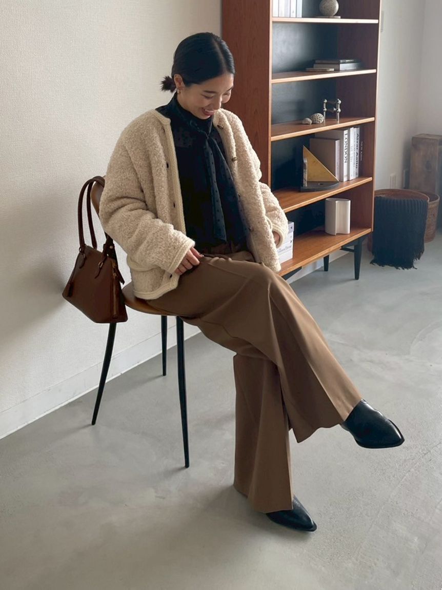 Mila Owen「金釦テディラメニットジャケット」|ノーカラージャケット|