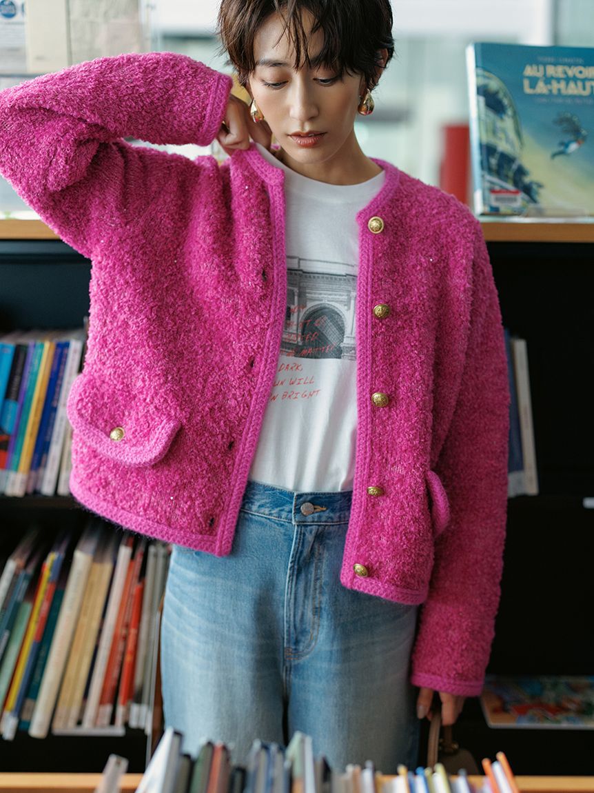 Mila Owen「金釦テディラメニットジャケット」|ノーカラージャケット|PNK