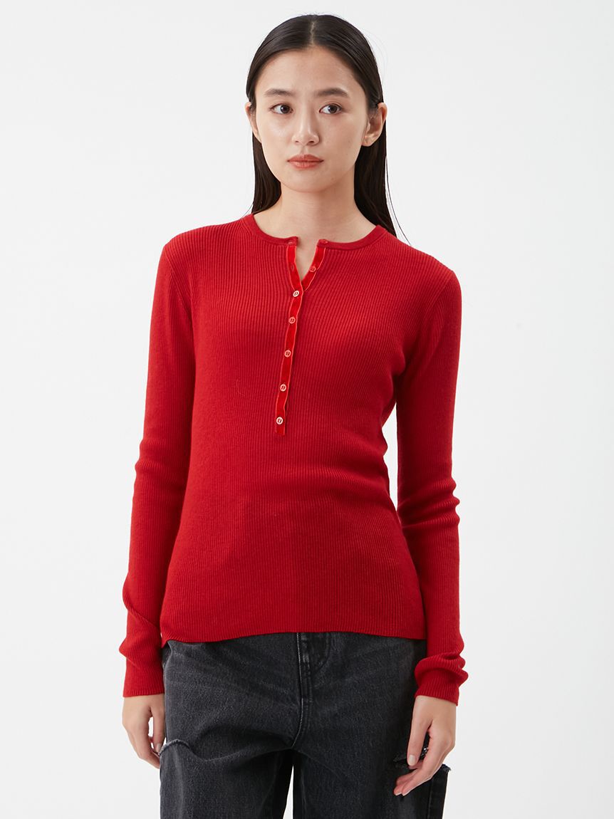 Mila Owen「ベロアヘンリーネックリブニット」|ニット・セーター|RED