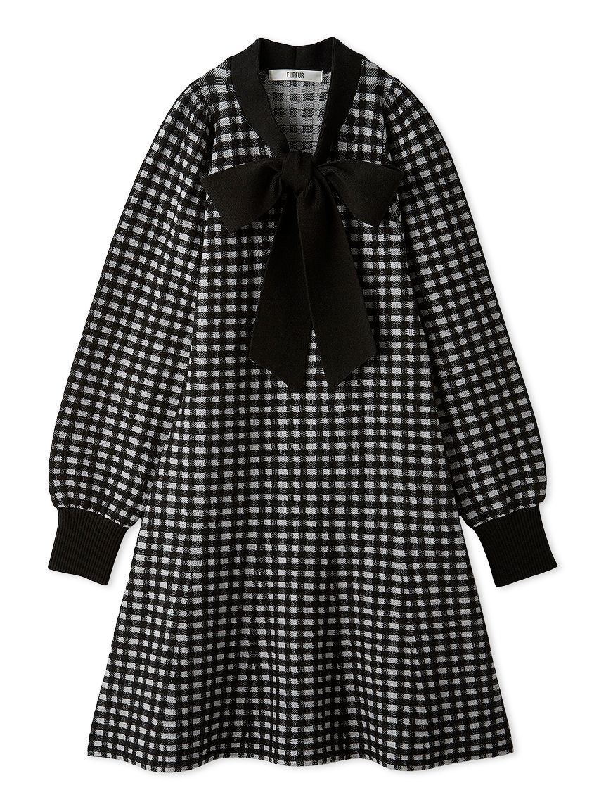 FURFUR「ボウタイギンガムニットワンピース」|ワンピース|BLK